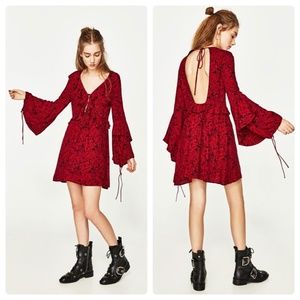 Zara Trafaluc Collection Red Black Floral Long Sleeve Mini Dress S black label
